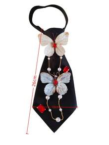 Mori Style Fabric Butterfly Pearl Red Rhinestone Black Tie-Free Girl Dress Shirt Accessory - Double Red Butterflies - View 6