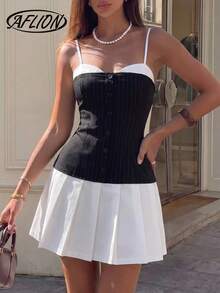 Aflion Vestido mini elegante de verano para mujer, en blanco y negro con diseño de patchwork, tirantes finos, decoración de botones, dobladillo con volantes, ajuste ceñido, adecuado para fiestas, citas y salidas - Blanco y Negro - Ver 3