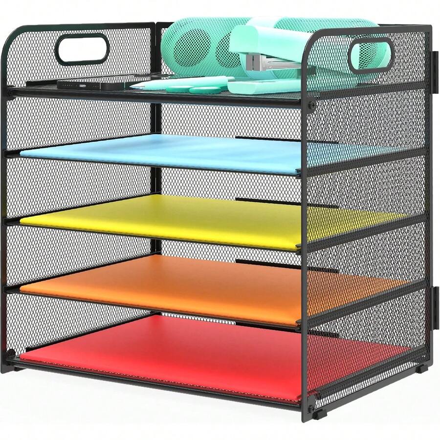 Black 5-Tier Letter Tray Paper Organizer - Metal Desktop File Holder With Handle, Stackable Document Shelf For Office & Classroom Organization - Black - View 1