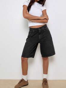 Women's Knee Length Denim Shorts Loose Solid Color Low Rise Wide Leg Long Shorts With Pockets For Summer - Grey - View 3
