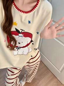 3pcs/Set Women's Pajama Loungewear Set, Round Neck Pullover Cute Puppy Pattern Print Short Sleeve Fashion Minimalist Shorts + Cropped Pants, Comfortable For Home, Suitable For Spring, Summer, Autumn - Multicolor - View 8