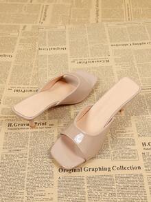 Sandalias de tacón alto para mujer con punta cuadrada y abierta, estilo slip-on, color albaricoque, versátiles con tacón de aguja para el verano - Albaricoque - Ver 3