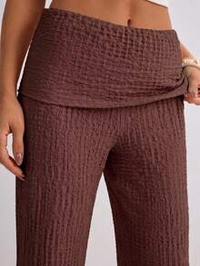 Women's Solid Color Textured Fabric Casual Straight Wide Leg Pants - Brown - View 4