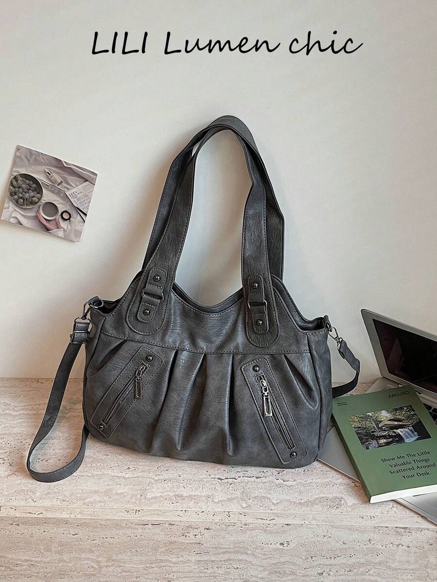 This Stylish Dark Gray Women's Handbag Features A Detachable Shoulder Strap, Pleated Design, Multiple Pockets And Large Capacity. Suitable For Office Workers, Teachers, Students And Young Women For Commuting, Shopping, Weekend Outings And Short Trips. - Dark Grey - View 1