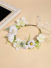 1pc Girls European And American Mori Style Artificial Flower Wreath, Faux Pleated Rose Bud & Hydrangea & Begonia Flower Crown, Aesthetic Floral Hair Accessory With Adjustable Satin Ribbon, Suitable For Beach Outings And Photoshoots - Beige - View 3