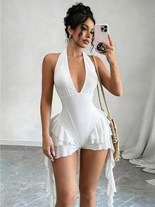 Vestido mini tipo body con cuello halter y escote en V profundo para mujer, con borlas largas irregulares, volantes de malla y sin mangas, ideal para discotecas. - Negro - Ver 7