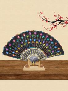 1pc Forever & Moment Elegant Colorful Embroidered Floral Pattern Sequin Fabric Folding Hand Fan, Suitable For Group Dance, Wedding And Festival - Multicolor - View 9