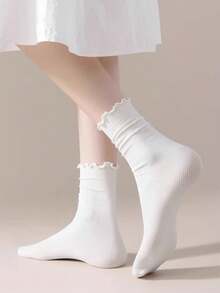 2/4 Pairs Women's Pure White Ruffle Lace High Elastic Breathable Mid-Calf Socks, Minimalist Romantic French Style, Suitable For Vacation, Dating, Daily Wear, Gift-Giving And Outfit Styling - White - View 5