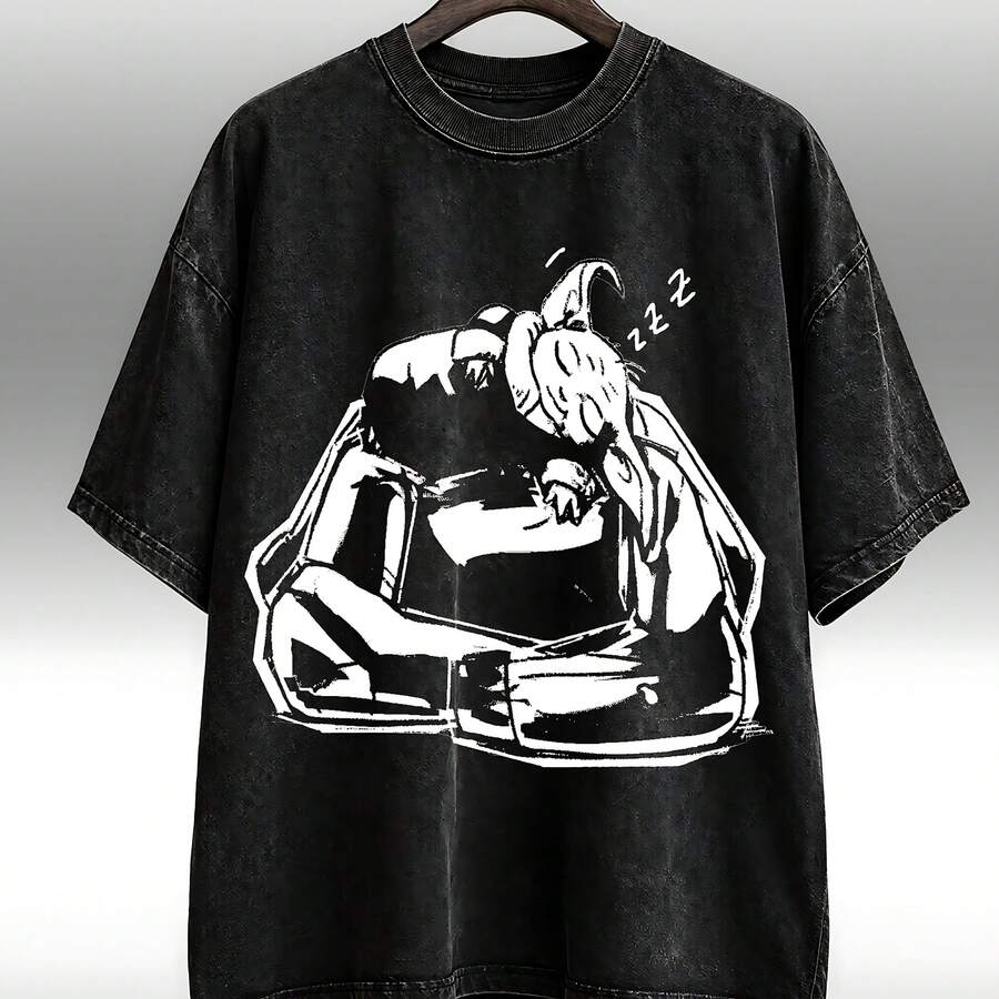 Vintage Washed T-Shirt, Rocky & Grogu Vintage Acid Wash T-Shirt, Cute Sci-Fi Meme Graphic Tee, Space Alien Washed Hoodie, Re - 黑色 - 查看 1