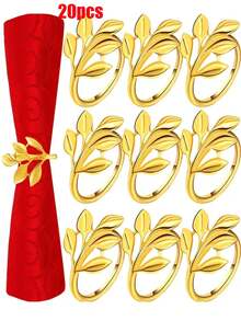 de anillos para servilletas de aleación de oro, anillos para servilletas con hojas de árbol doradas, reutilizables, con bordes lisos, fáciles de limpiar, adecuados para bodas, fiestas de Año Nuevo - Oro-20 piezas - Ver 1