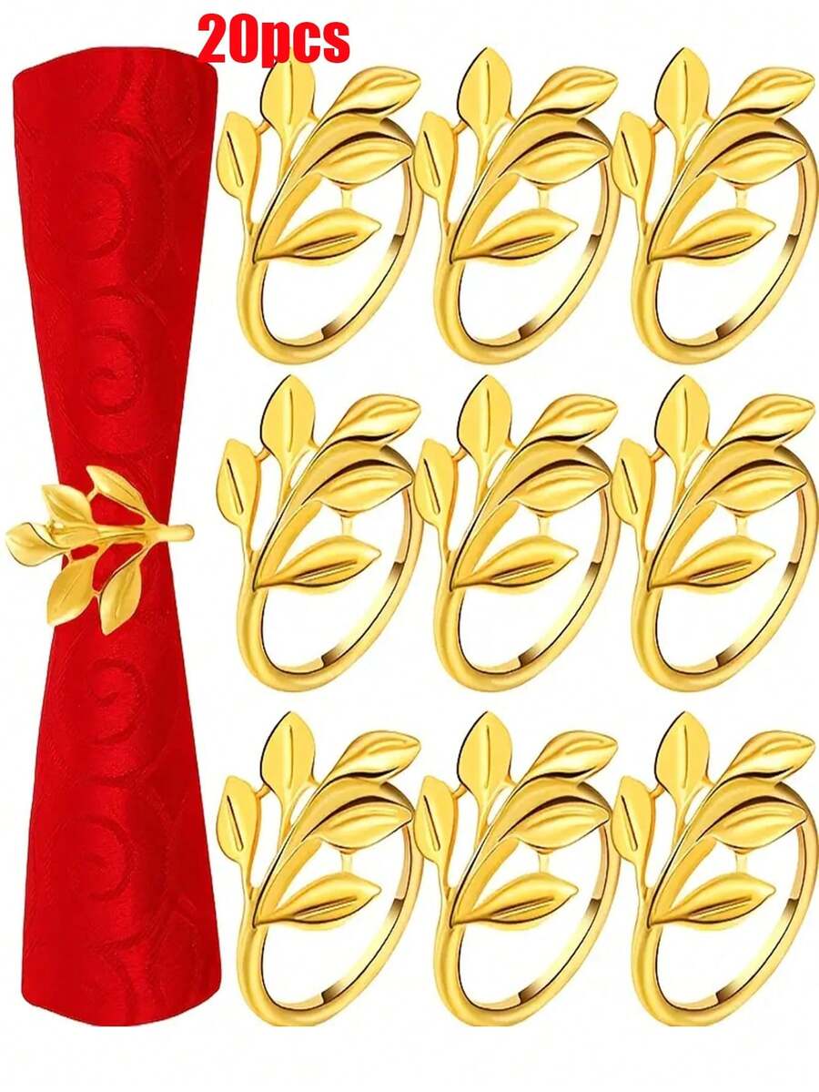 de anillos para servilletas de aleación de oro, anillos para servilletas con hojas de árbol doradas, reutilizables, con bordes lisos, fáciles de limpiar, adecuados para bodas, fiestas de Año Nuevo - Oro-20 piezas - Ver 1