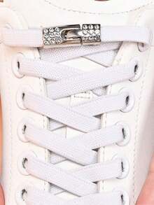 QKC 1 Pair Diamond Buckle Mesh No-Tie White Wide Anti-Slip Elastic Shoelaces Suitable For Skate Shoes And Sneakers - White - View 2