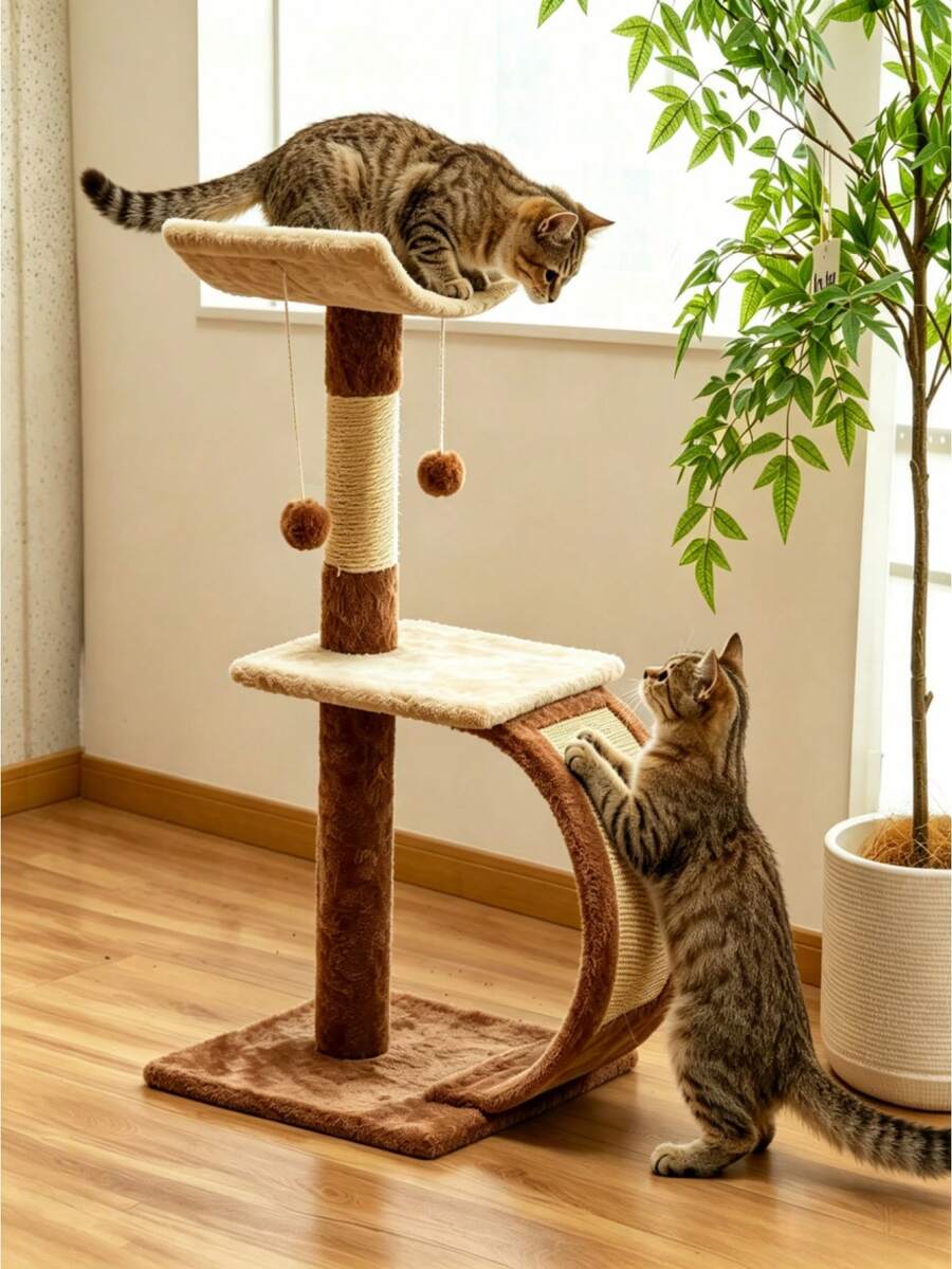 Double-Layer Cat Tree With Scratching Posts, Equipped With Interactive Cat Toys, Easy To Assemble, Scratch-Resistant And Durable, Movable, Suitable For Kittens And Adult Cats - Multicolor - View 1
