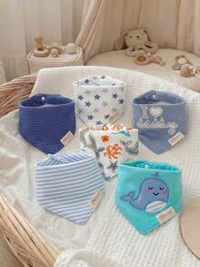 momscare 6 buah Celemek Bayi, Celemek Bayi Lembut dan Menyerap, Cocok untuk Penggunaan Sehari-hari Bayi - Desain Lucu Celemek Segitiga Bayi Bordir yang Indah Celemek Bayi Motif Paus yang Menggemaskan - MultiWarna - View 1