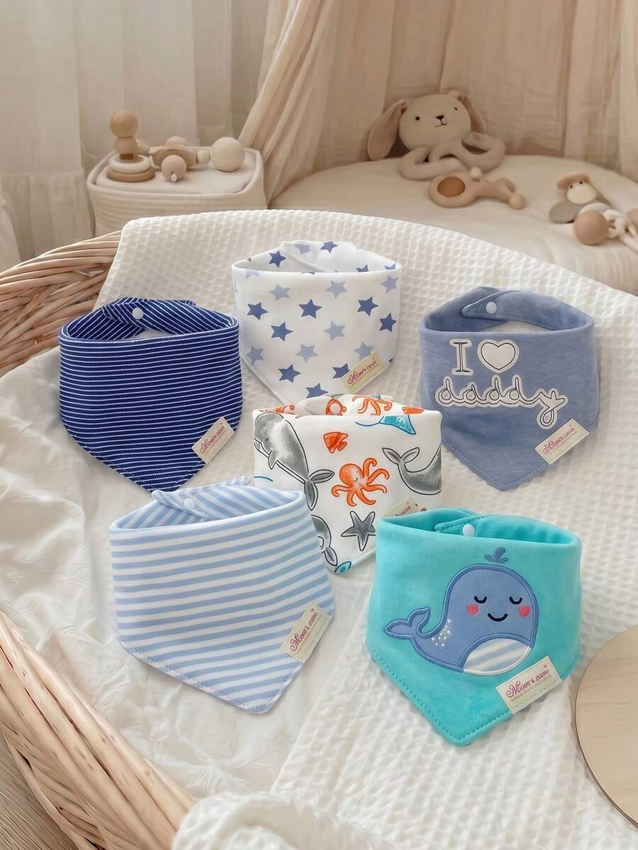 momscare 6 buah Celemek Bayi, Celemek Bayi Lembut dan Menyerap, Cocok untuk Penggunaan Sehari-hari Bayi - Desain Lucu Celemek Segitiga Bayi Bordir yang Indah Celemek Bayi Motif Paus yang Menggemaskan - MultiWarna - View 1