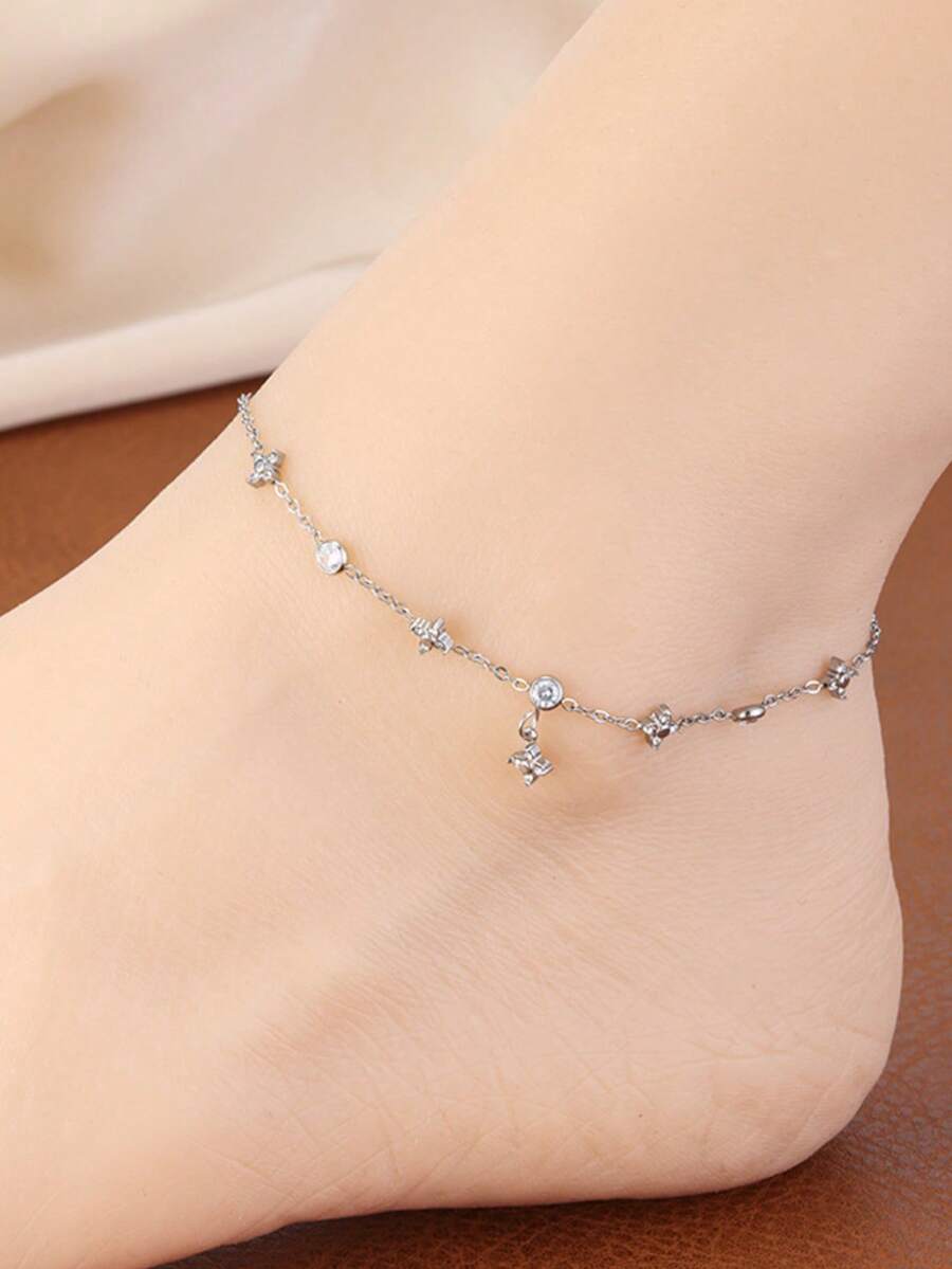 1pc Stainless Steel Summer Mori Style Starfish Shell Anklet For Women, INS Small Seashell Beach Charm Foot Chain, Cute Sweet Accessory - Silver - View 1