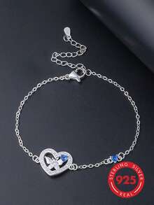 1 chiếc vòng tay nữ bằng bạc 925 thanh lịch và tinh tế hình bướm và trái tim đính đá Cubic Zirconia, thích hợp đeo hàng ngày, dự tiệc, ngày lễ, hẹn hò hoặc làm quà tặng. - Bạc - Xem 6