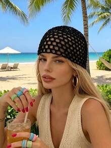 1pc Women's Spring/Summer Thin Hollow Out Sequin Decor Handmade Crochet Knit Hat, Suitable For Spring/Summer/Autumn Daily Outdoor Outfits, Random Sequin Color - Small Sequin Cutouts - View 7
