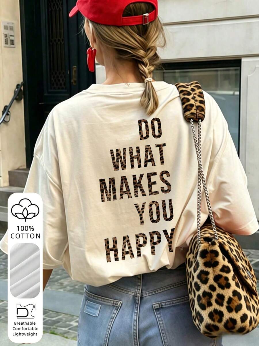 Maglietta da donna minimalista con stampa di lettere, 100% cotone morbido e confortevole, casual a maniche corte, grafica "La felicità è uno stato d'animo", vestibilità morbida stile college, adatta per uso quotidiano, ritorno a scuola, appuntamenti al caffè, uscite estive - Albicocca - Visualizzare 1