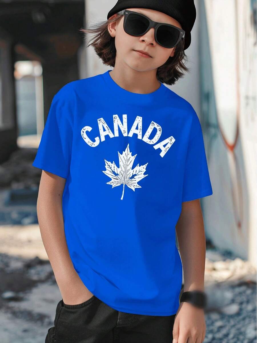 Boys' T-Shirt With Canadian Maple Leaf Graphic, Casual Urban Style, Children's Clothing For Ages 5-13, Summer Casual Wear In Color - 藍色 - 查看 1