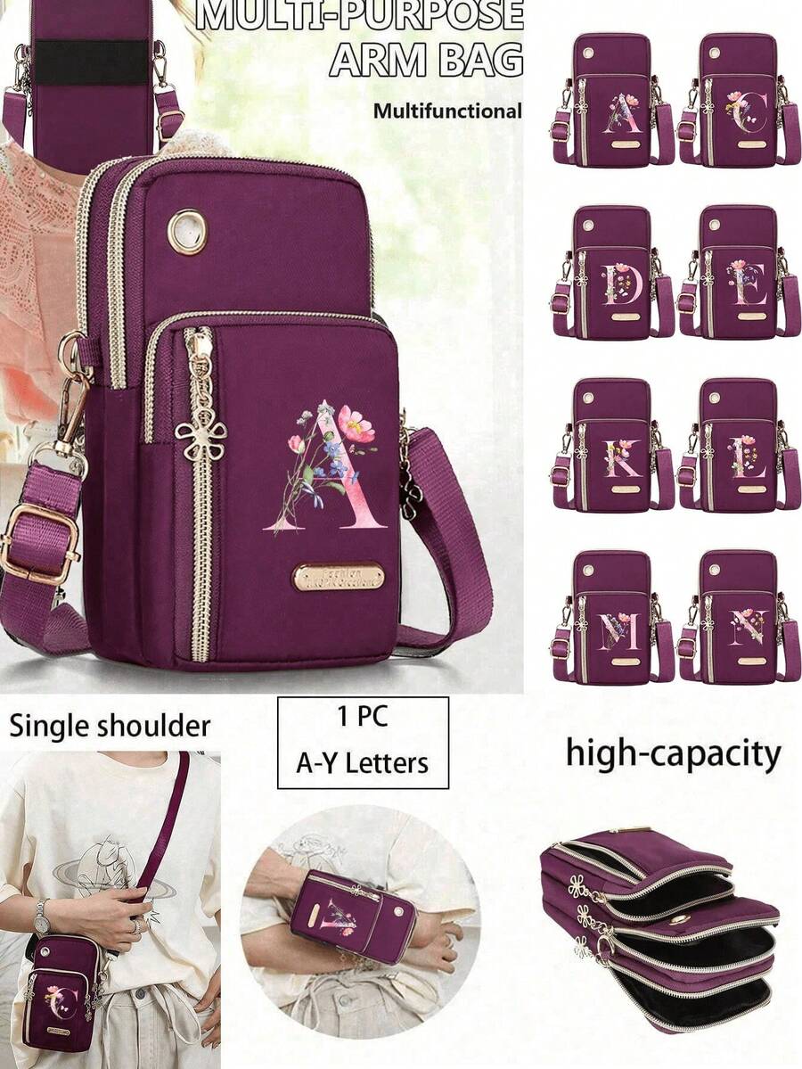女款手機包，花卉字母 A-Z 印花迷你斜背包，直立式零錢包，運動手提包/跑步手腕包，帶耳機孔的迷你休閒斜背手機包，適合時尚白領、大學生、上班族、商務人士、通勤者，週年紀念、送給愛人的禮物、生日禮物、情人節禮物、感恩節禮物