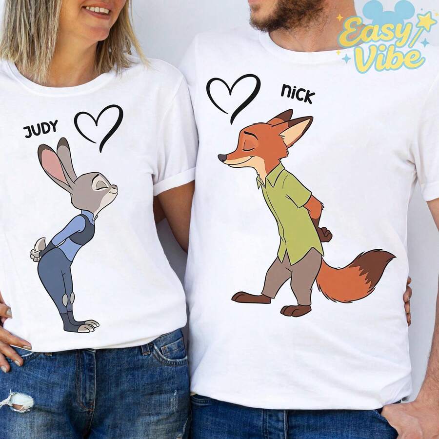 Disney 1PC Printed T-Shirt, "Judy & Nick" Zootopia Couple T-Shirt, Unisex Cotton, All Seasons, Breathable, Exquisite, Great Gift - Men's White - View 1