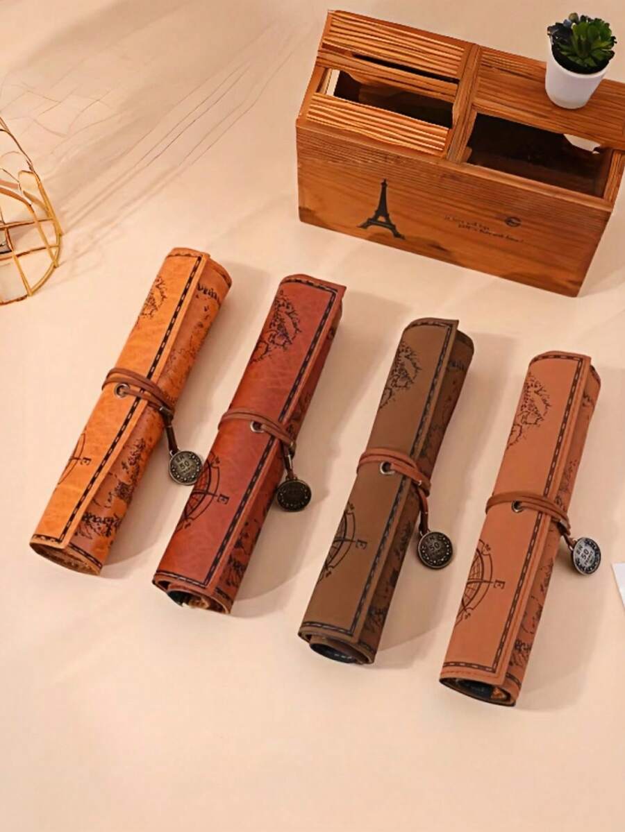 1個復古PU皮革捲軸式筆袋 大容量可愛簡約文具盒創意寶藏圖筆袋 - 彩色 - 查看 1