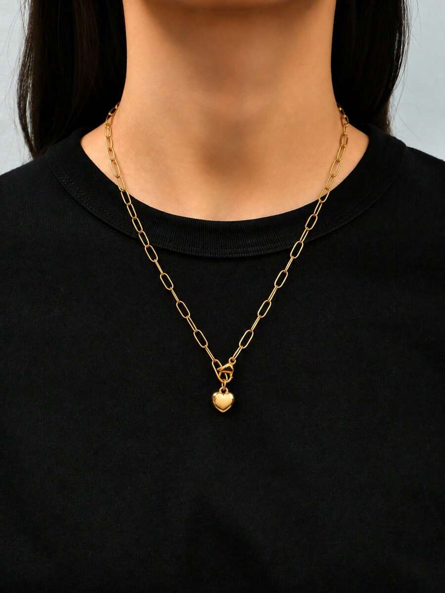 1件/2件/3件 極簡主義不鏽鋼迴紋針鏈心形吊墜項鍊 女款 精緻靜奢風首飾 日常佩戴禮物 - 金黃色 - 查看 1