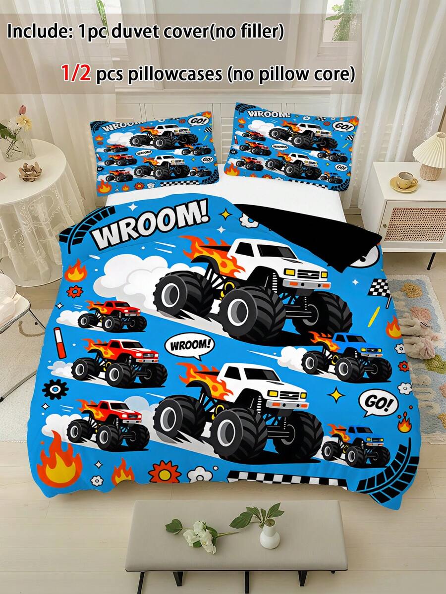 2/3pcs Blue Monster Truck Print Duvet Cover Set, Cartoon Children Style Polyester Bedding, Flame Racing Car Full Print, Suitable For Boys Bedroom Birthday Gift, All Seasons - Multicolor - View 1