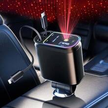 4 In 1 Retractable Car Charger With Starry Sky Light, 66W Fast Charging Car Charger With Type-C & Lightning Retractable Cables, USB-A & Type-C Ports, Compatible With IPhone Android, Car Accessories Gift For Men Women - Starry Sky Top - View 3