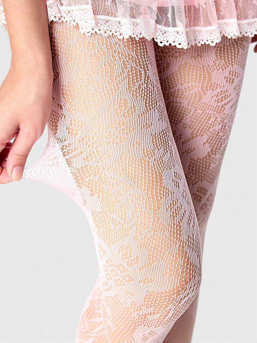 1雙可愛風格花卉蕾絲漁網褲襪,復古粉色不透明緊身褲,彈性薄襪 - 彩色 - 查看 1