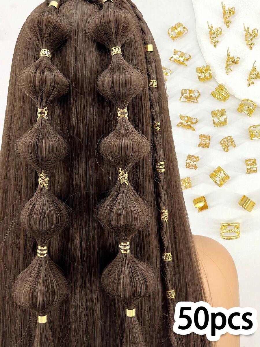 50pcs Reggae Dreadlock Hair Ties, Paired With European Messy Hairstyle And Metal Pattern Hair Root Clips - Multicolor - View 1