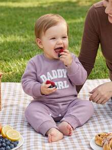 Baby Girls Jumpsuit, Long Sleeve Crew Neck Embroidery Letters Casual Romper Clothes - Purple - View 5