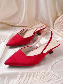 French Style Bright Red/White Shiny Pointed Toe Slingback Kitten Heel Sandals, Elegant Commuter Wedding Shoes 2-In-1, Glossy Red/White Pointed Toe Low Heel Slingback Sandals, Single Strap Stiletto Low Vamp Versatile Shoes - Red - View 6
