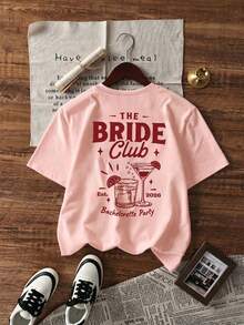 大尺碼女款短袖T恤「Bride Club」/單身女郎派對主題圖案T恤，女款夏季上衣，度假風休閒服飾 - 粉色 - 粉色 - 查看 3