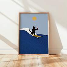 1pc Frameless Cat Surfing On Blue Waves Wall Art Poster Aesthetic Apartment Living Room Bedroom Decor Back To School Funky Posters Dorm Essentials - Cat Surfing - View 4