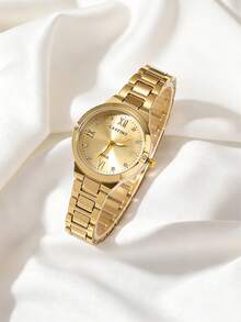DISU CARYINO 1 pièce Montre Quartz Diamant Classique Business Polyvalente en Acier Inoxydable Doré pour Femmes, Convient pour un Port Quotidien - Doré - Voir 3