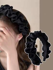 1pc Black Pleated Ruffle Satin French Style Gentle Headband, All-Season Versatile High Crown Face-Slimming Hair Hoop For Daily Face Washing, Commuting, Dating - Multicolor - View 1