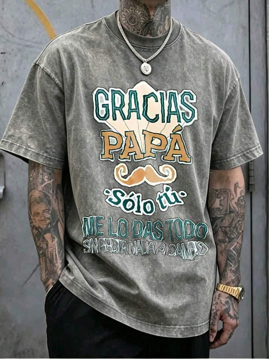 Playera unisex hombre todas estaciones,corte holgado,tela lavada vintage,estampado texto Gracias Papá con bigote decorativo,ideal fútbol,look urbano street,regalo papá Día del Padre - Gris plomo - Ver 1