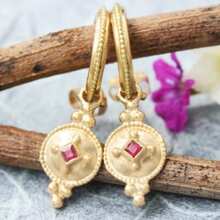 Vintage Gold Round Dangle Earrings, Square Red Zirconia Inlaid, Handmade Metal Craft, Medieval Bohemian Style Pendant, Daily Wear And Gift Accessory - Gold - View 1