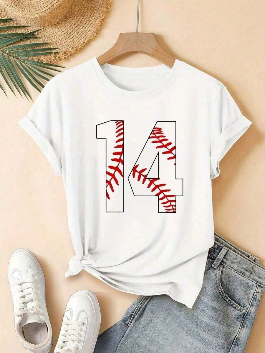 Camiseta de manga corta con cuello redondo para mujer, camiseta con diseño gráfico de costura de béisbol número 14, camiseta básica informal para fanáticos del béisbol. - Blanco - Ver 1