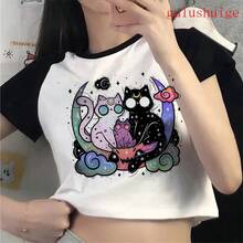 Camiseta Corta Divertida con Estampado de Gato para Mujer, Estilo Ulzzang, Años 2000, Camiseta Gótica para Mujer, Camiseta de los 90 - 6097 - Ver 22