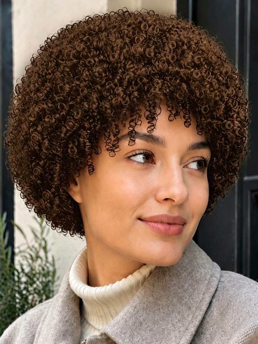 8 Inch Light Brown Screw Curl Wig, Fluffy Style, Fashionable Appearance, Designed For All Women For Parties, Balls And Cosplay,Halloween - Brown - View 1