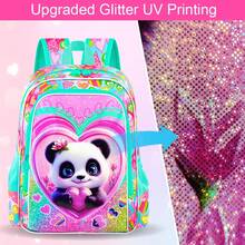 Juego de 3 piezas de mochila para niñas, estampado de panda y corazón con pompón, correas ajustables acolchadas, cremallera, linda mochila escolar + lonchera + estuche para la escuela & regalos - Rosa - View 5
