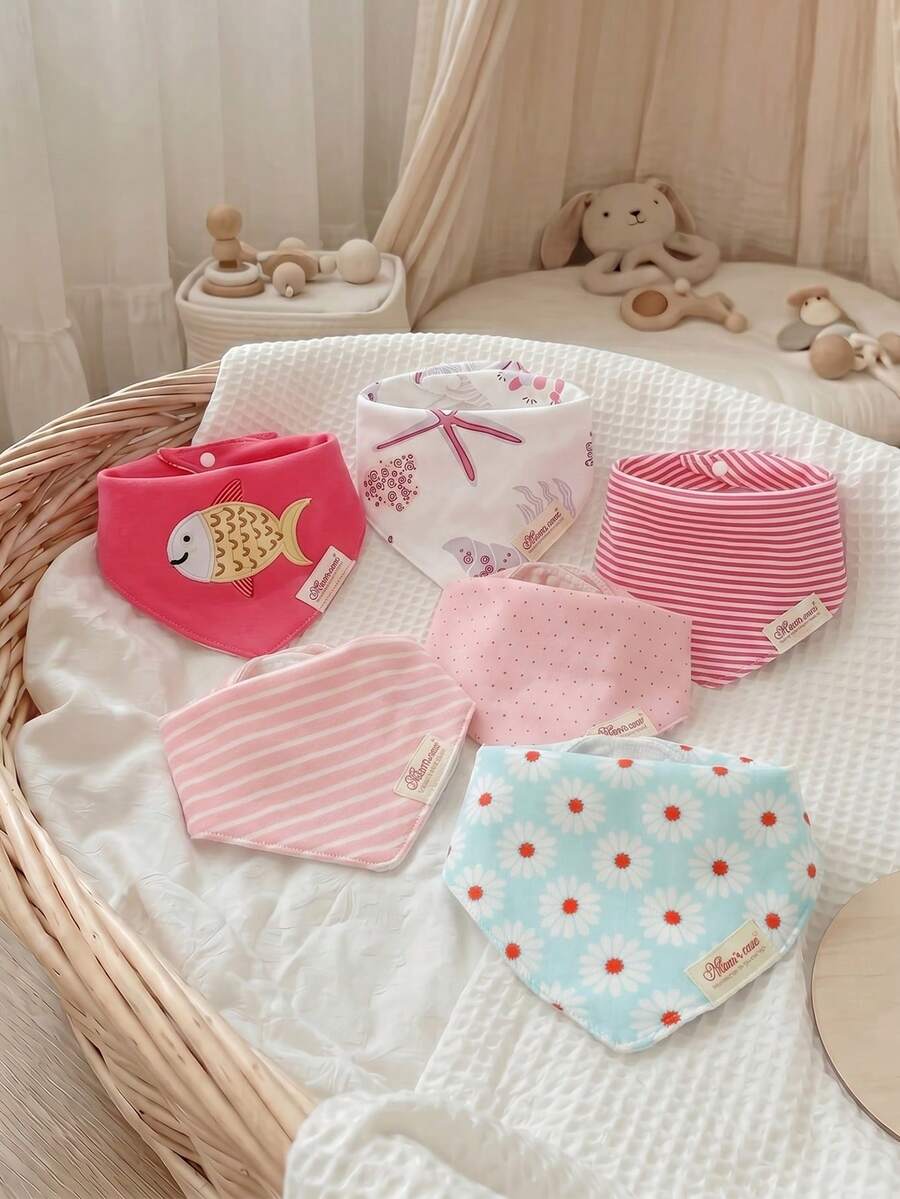 momscare 6pcs Baby Bibs, Soft Absorbent Baby Bibs, Suitable For Baby Daily Use - Cute Design Exquisite Embroidered Baby Triangle Bibs Cute Print Undersea Pattern Bibs - Multicolor - View 1