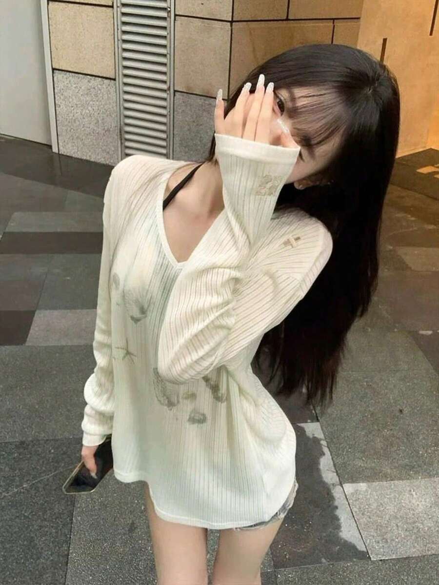 Summer New Korean Style High-End Printed & Embroidered Long Sleeve Sunscreen Shirt, V-Neck Chic Sunscreen Cover Up Casual - Picture Color - View 1