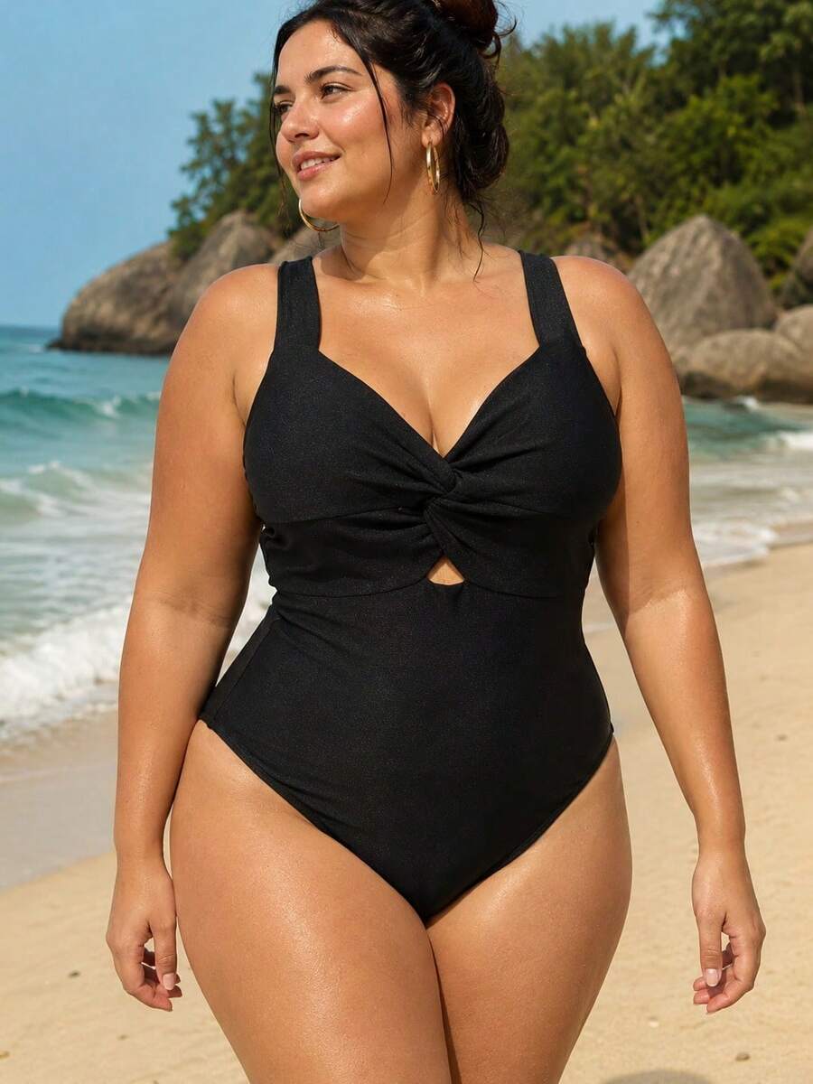 maiô body plus size cruzado casual elegante - Preto - Visão 1