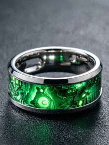 1pc Men's Dark Fairy Tale Ring, Black Tungsten Steel Band With Green Glow-In-The-Dark Fantasy Pattern, Gothic Style, Suitable For Halloween And Party Wear - Silver - View 3