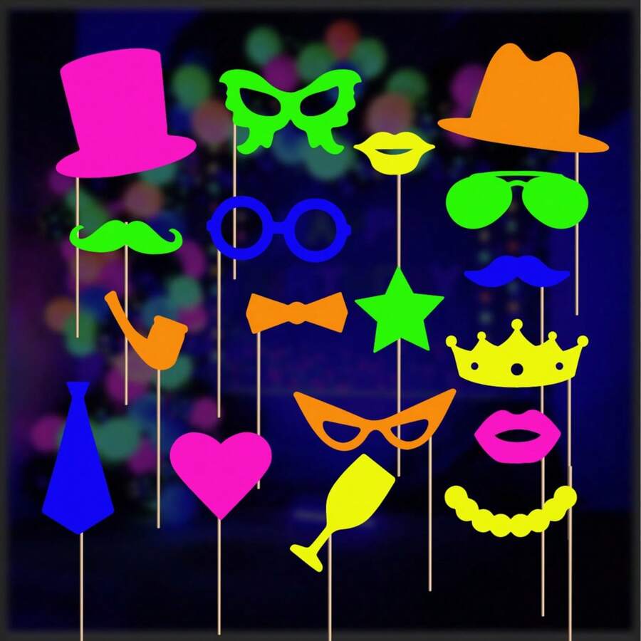 18pcs Photo Props, Handheld Photo Props Black Light Party Funny Beard Crown Glasses Birthday Party Selfie Decoration Hand-Held Signs - View 1