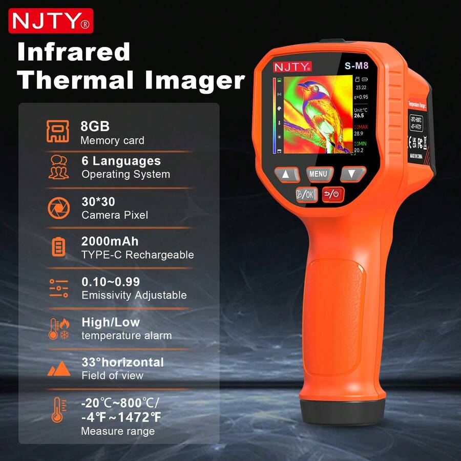 NJTY S-M8 Handheld Infrared Thermal Imager, 32*32 Infrared Camera, -20℃~800℃ Range, Type-C 2000mAh Rechargeable Battery, 6 Languages, 8GB Storage, Adjustable Emissivity And Temperature Alarm, Suitable For Underfloor Heating, Electrical And Industrial Equipment Fault Detection